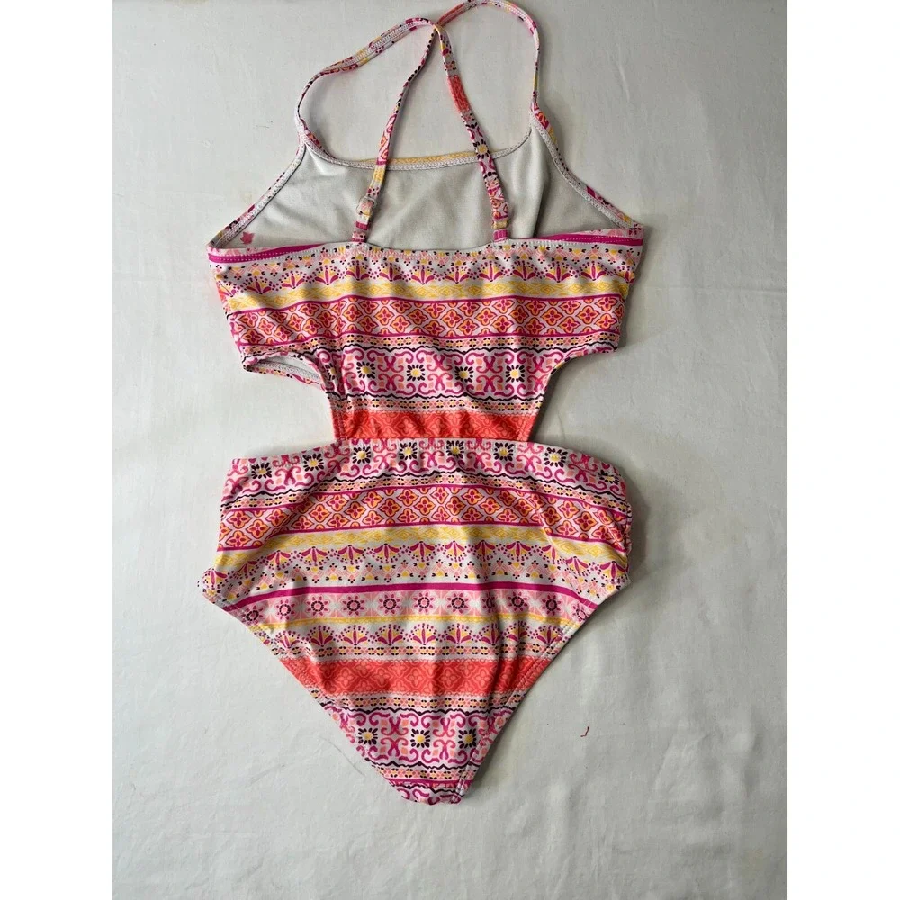 Lucky‎ Brand Girls Swimsuit Size Medium One Piece Cutout Boho Pink Orange Tribal